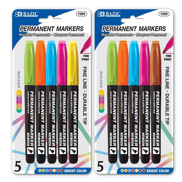 Bright Colors Fine Tip Permanent Markers w/ Pocket Clip (5/Pack)