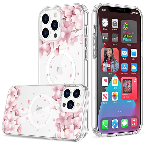 Pink Flowers Magnetic Compatible Clear Case for iPhone 14