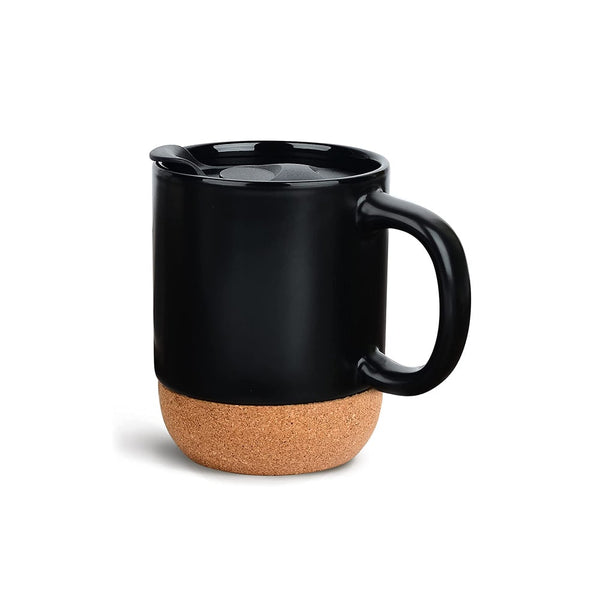 15oz Insulated Ceramic Cup Cork Bottom Large Lid Coffee Mug Black