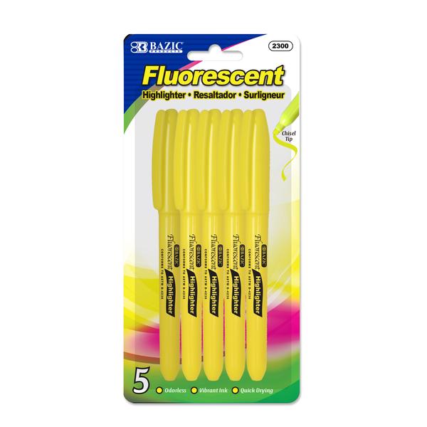 Yellow Pen Style Fluorescent Highlighter w/ Pocket Clip (5/Pk)
