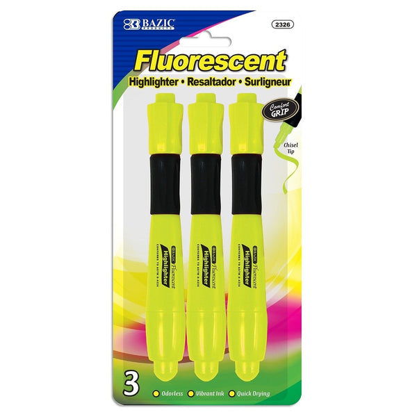 Yellow Fluorescent Highlighters with Cushion Grip (3/Pack)