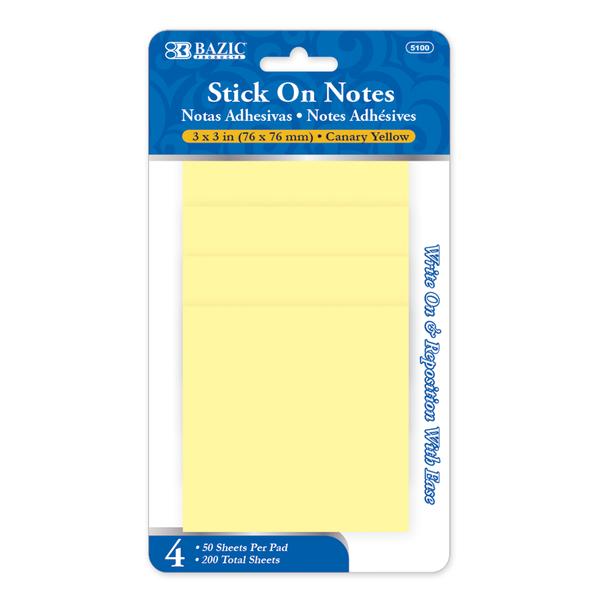 50 Ct. 3" X 3" Yellow Stick On Notes (4/Pack) - Sticky Notes