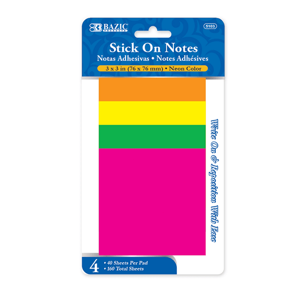 40 Ct. 3" X 3" Neon Stick On Notes (4/Pack) - Sticky Notes