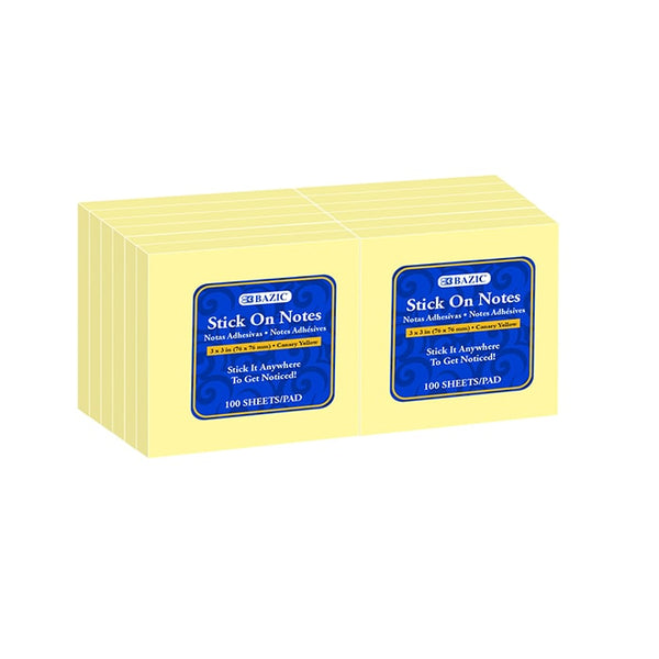 100 Ct. 3" X 3" Yellow Stick On Notes (12/Shrink) - Sticky Notes