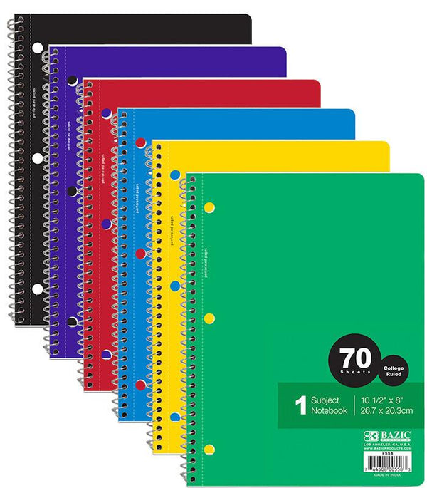 C/R 70 Ct. 1-Subject Spiral Notebook - College Ruled - Random Color