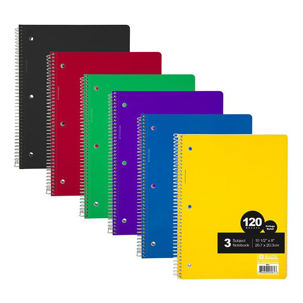 C/R 120 Ct. 3-Subject Spiral Notebook, College Ruled - Random Color