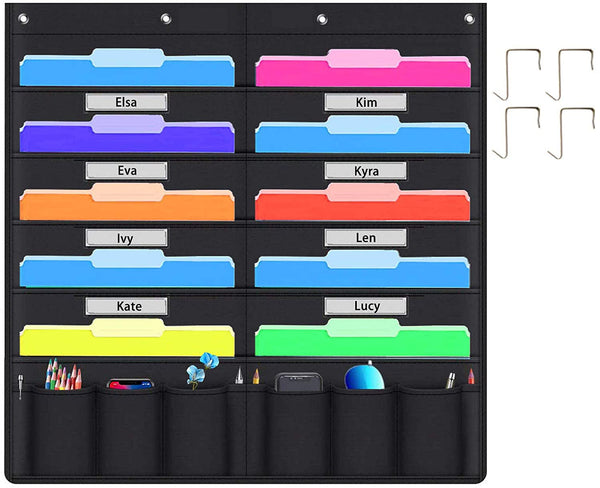 Hanging File Holder Organizer Rack 10 File Pockets + 10 Supply Pockets