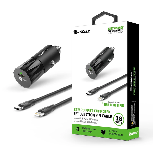 Esoulk Black 18W PD Fast Charger &amp; 3FT C To 8 Pin Cable